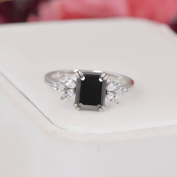 3ct GRA Certified Black Emerald Cut Moissanite Engagement Ring sz 9 - Picture 3 of 6